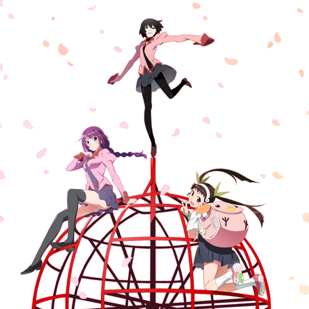 bakemonogatari bandaid disc_cover hachikuji_mayoi monogatari_(series) oshino_ougi pantyhose seifuku senjougahara_hitagi skirt_lift tagme thighhighs