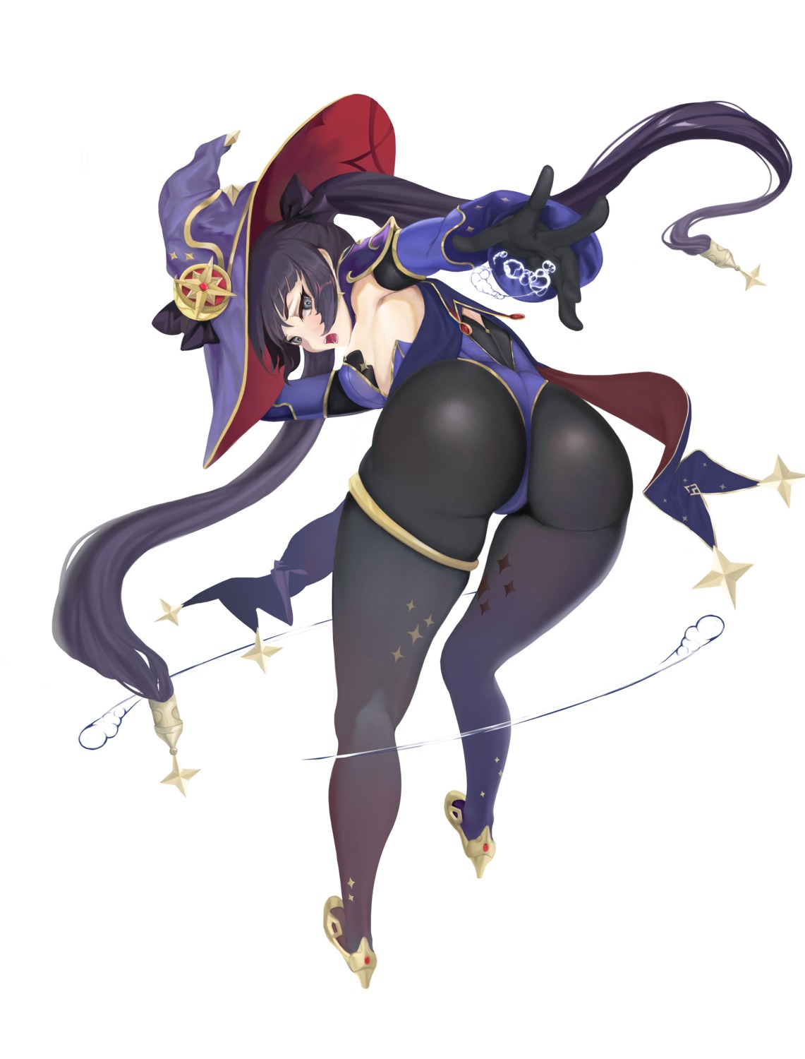 ass garter genshin_impact heels leotard mona_megistus no_bra pantyhose tagme witch