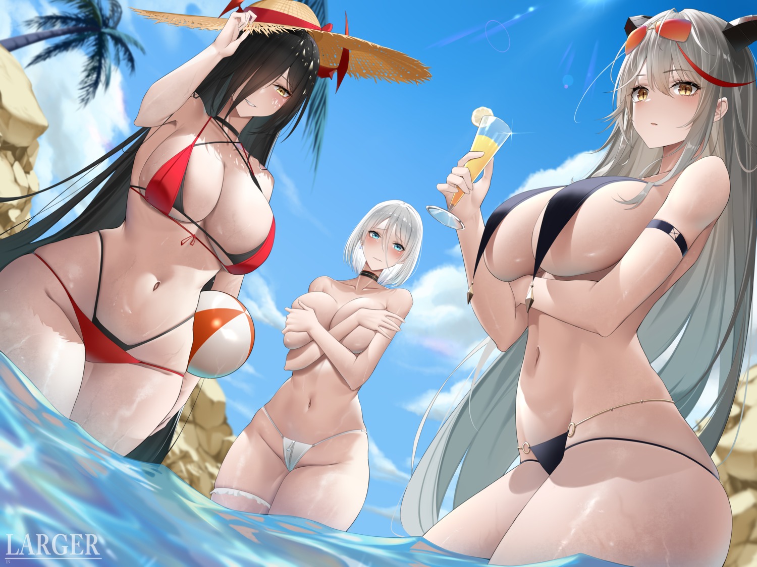 aegir_(azur_lane) azur_lane bikini breast_hold friedrich_der_grosse_(azur_lane) garter horns hun_shang megane swimsuits thong tirpitz_(azur_lane) topless wardrobe_malfunction wet