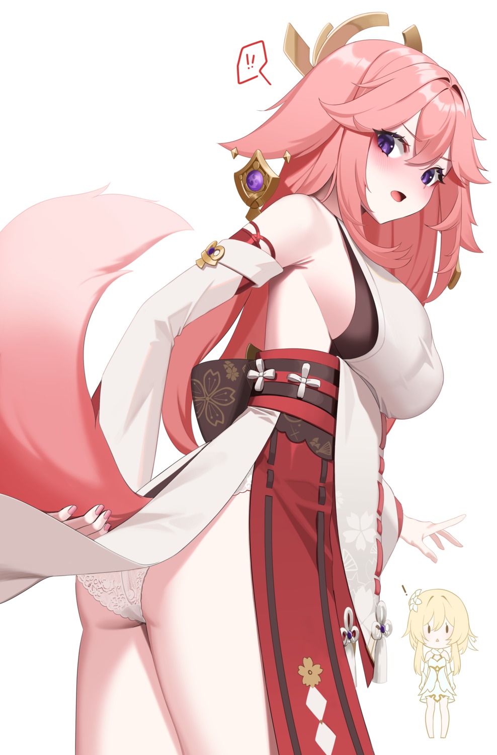 ass chibi genshin_impact japanese_clothes lumine no_bra pantsu re-leaf skirt_lift tail yae_miko