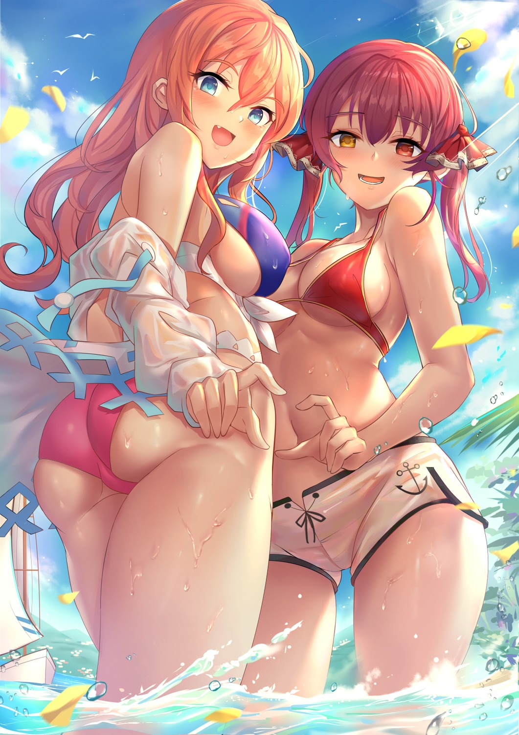 ass bikini bikini_top crossover erect_nipples heterochromia hololive houshou_marine marina_(world_flipper) open_shirt see_through swimsuits thong wet wet_clothes world_flipper yougen_kitsune