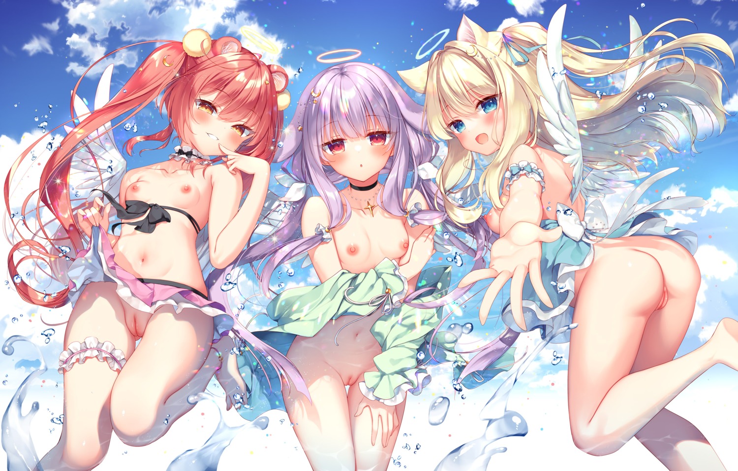 aimyu_(ichiri) angel animal_ears ass bottomless breasts bunny_ears chaloe_(ichiri) daten_keikaku garter ichiri leluna_(ichiri) loli nekomimi nipples no_bra nopan open_shirt pussy skirt_lift swimsuits uncensored wet wings