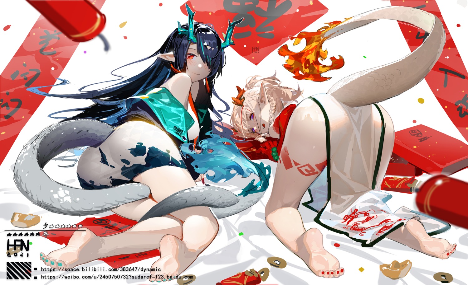 arknights asian_clothes ass chinadress dusk_(arknights) feet han-0v0 horns nian_(arknights) pointy_ears tail tattoo