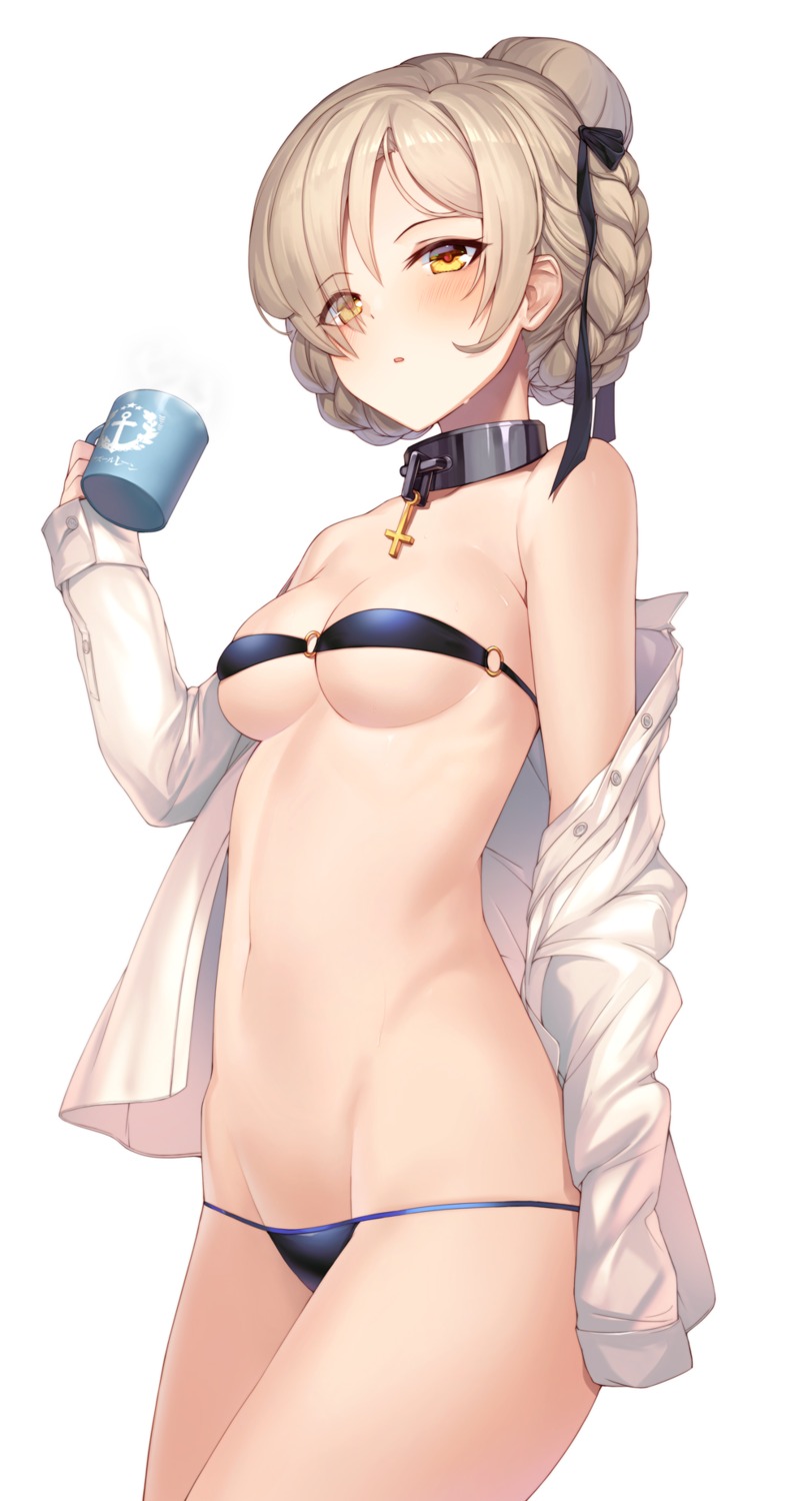 artist_revision azur_lane bikini btraphen dress_shirt open_shirt sheffield_(azur_lane) swimsuits