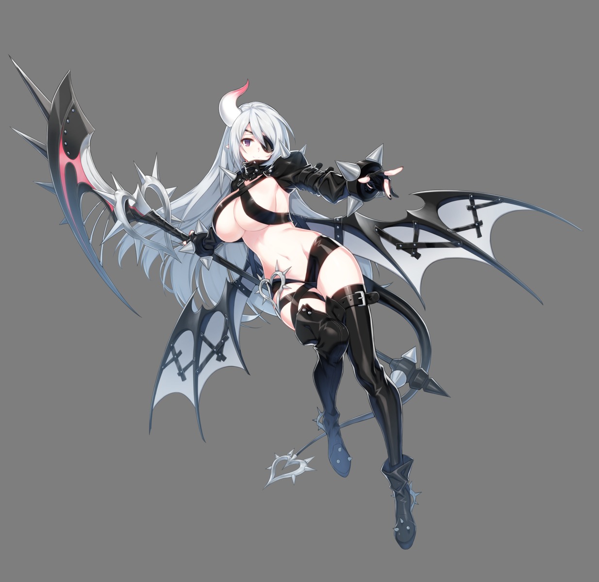 armor closers eyepatch heels horns levia_(closers) no_bra pointy_ears red_star_alliance tail thighhighs transparent_png weapon wings