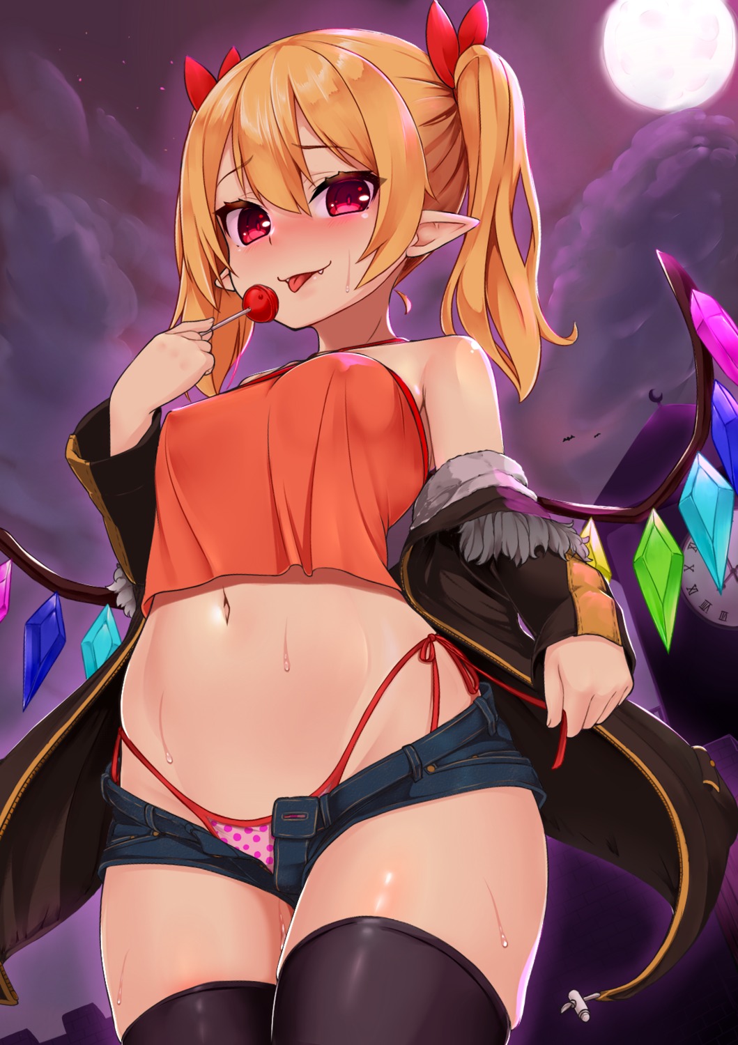 erect_nipples flandre_scarlet pantsu pointy_ears shiron string_panties thighhighs touhou wings