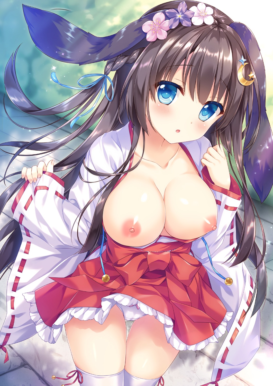 ameto_yuki animal_ears breasts cameltoe cleavage detexted miko nipples no_bra noir_(ameto_yuki) open_shirt pantsu photoshop skirt_lift thighhighs