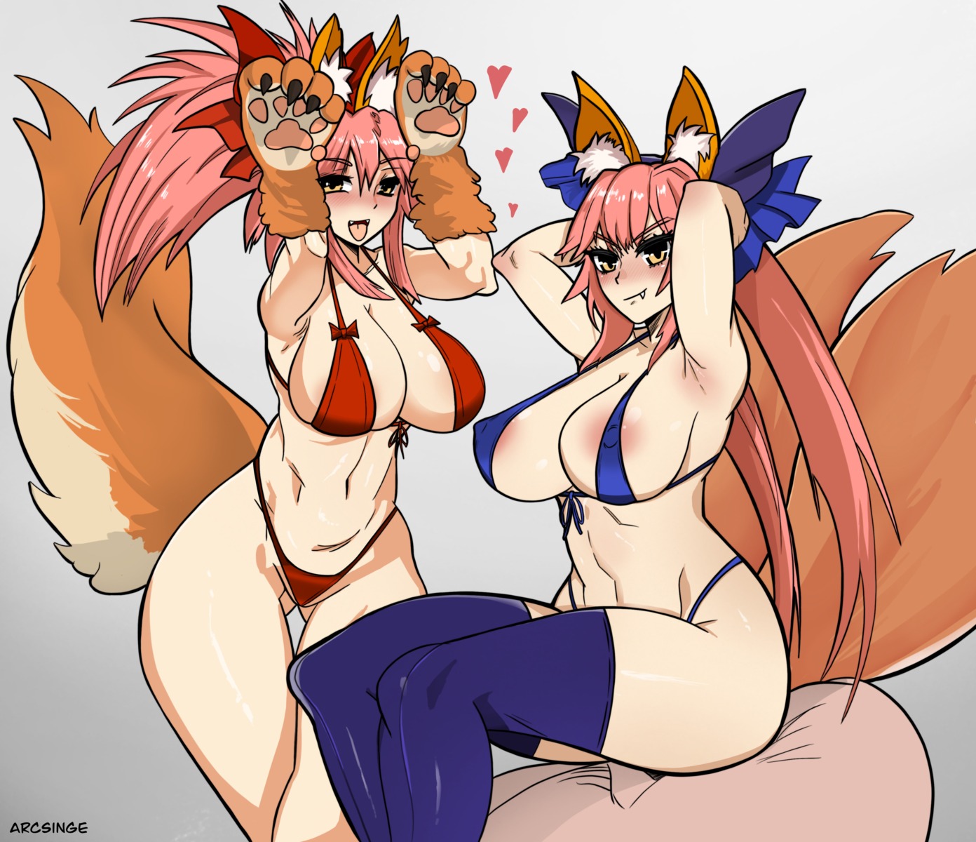 animal_ears arcsinge areola bikini erect_nipples fate/grand_order kitsune swimsuits tail tamamo_cat tamamo_no_mae thighhighs