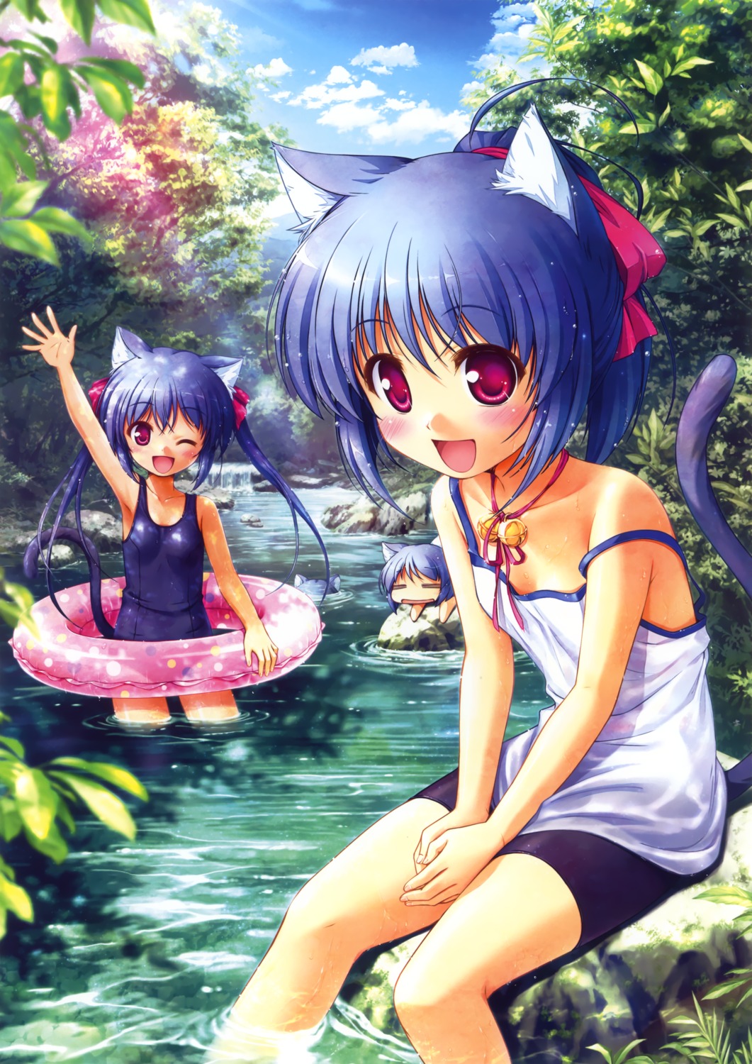 animal_ears bekkankou bike_shorts nekomimi school_swimsuit swimsuits tail wet_clothes