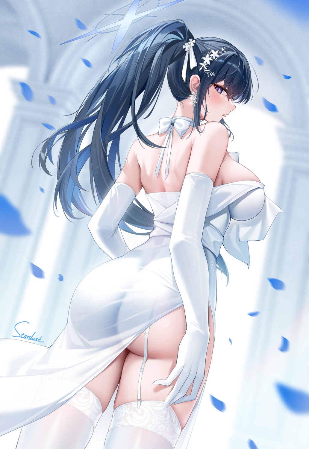 ass blue_archive dress halo joumae_saori no_bra stardust_(chen'ai_weiding) stockings thighhighs