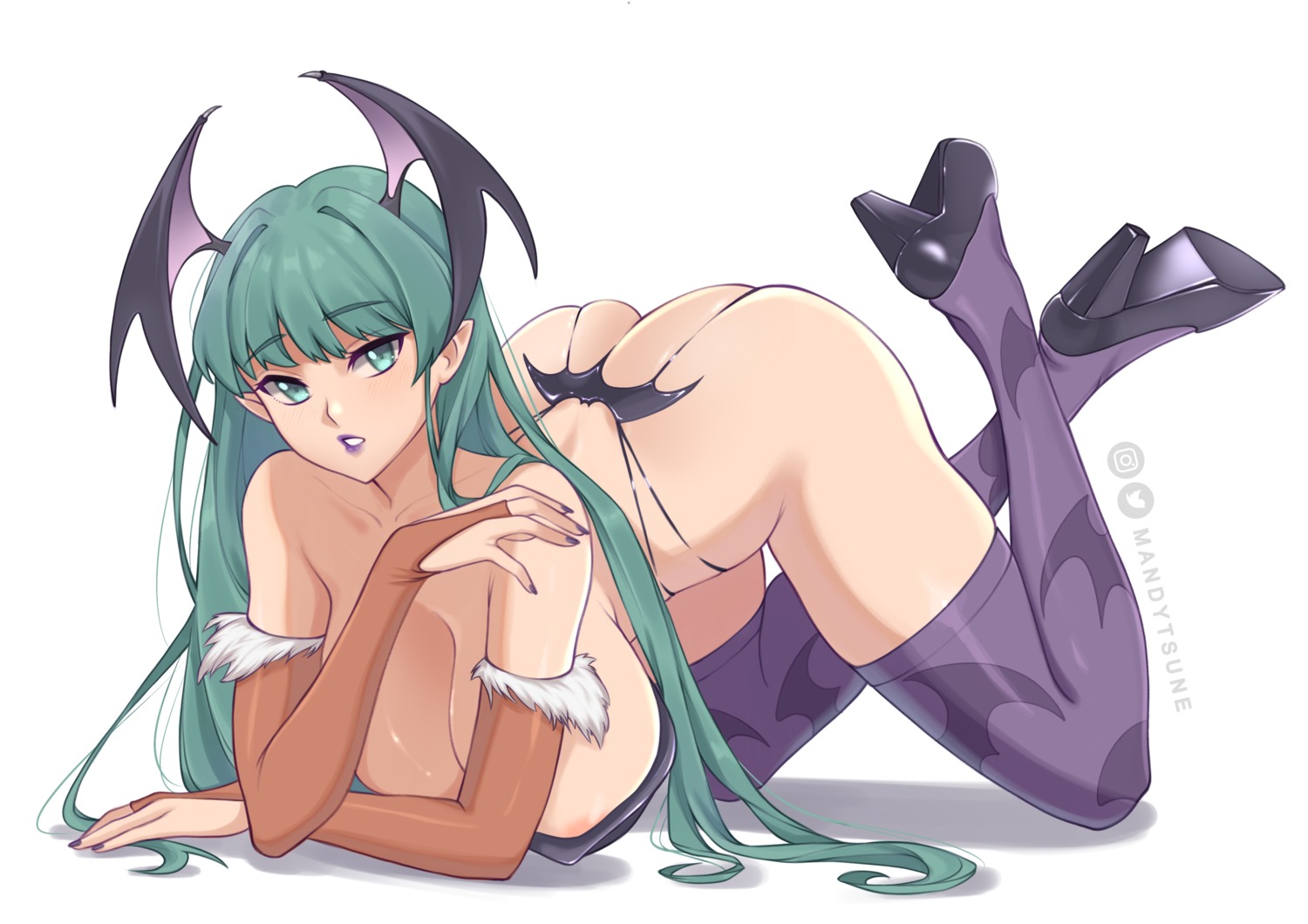 areola dark_stalkers heels mandytsune morrigan_aensland no_bra pantsu pointy_ears thighhighs thong wings