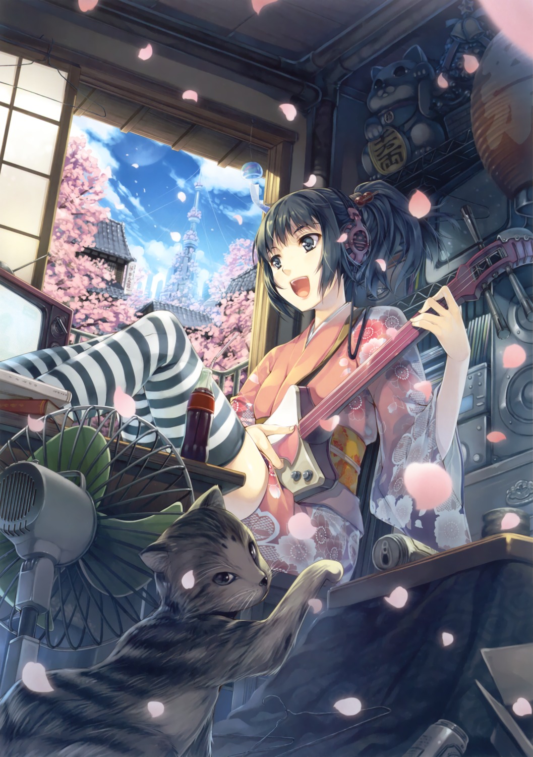 hagure_keg headphones kimono neko thighhighs