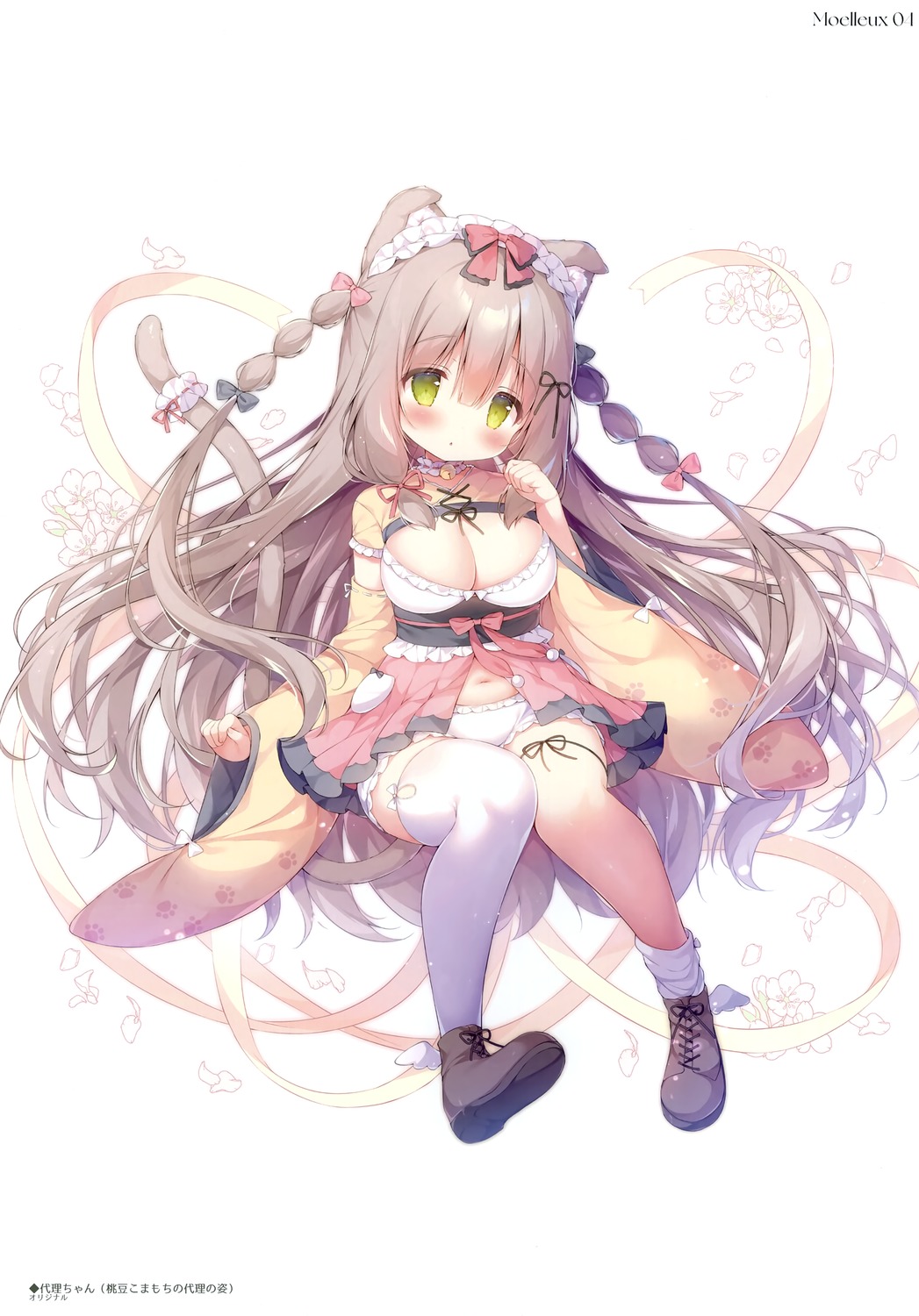 animal_ears japanese_clothes mochi_peach momozu_komamochi no_bra tail thighhighs