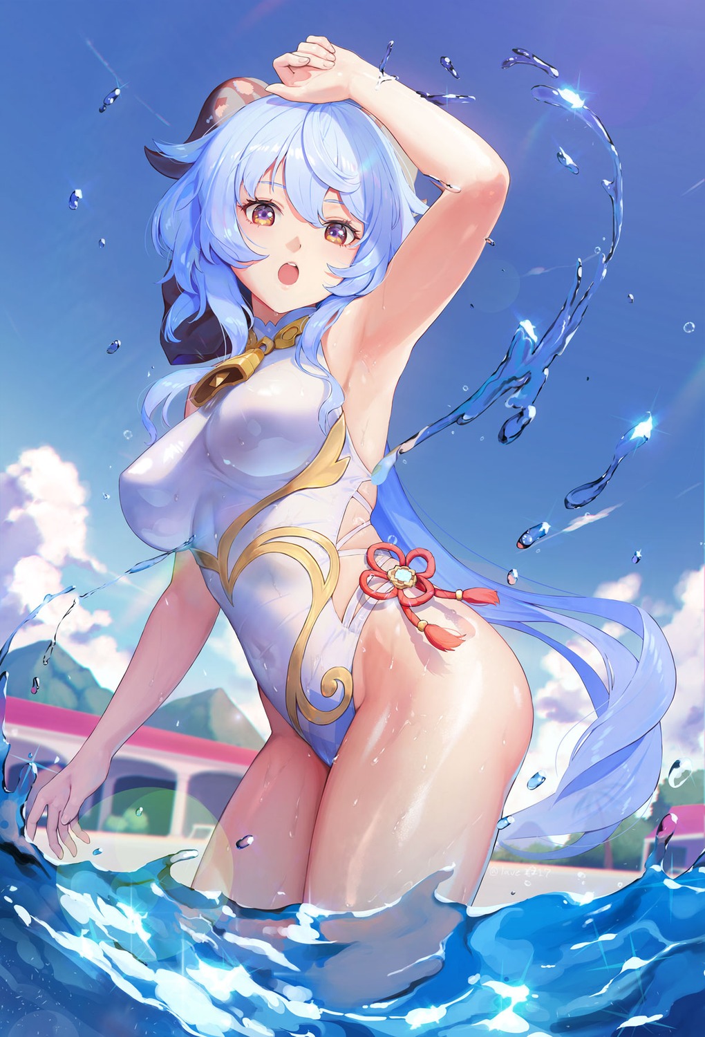 ganyu genshin_impact horns swimsuits wet y.i._(lave2217)