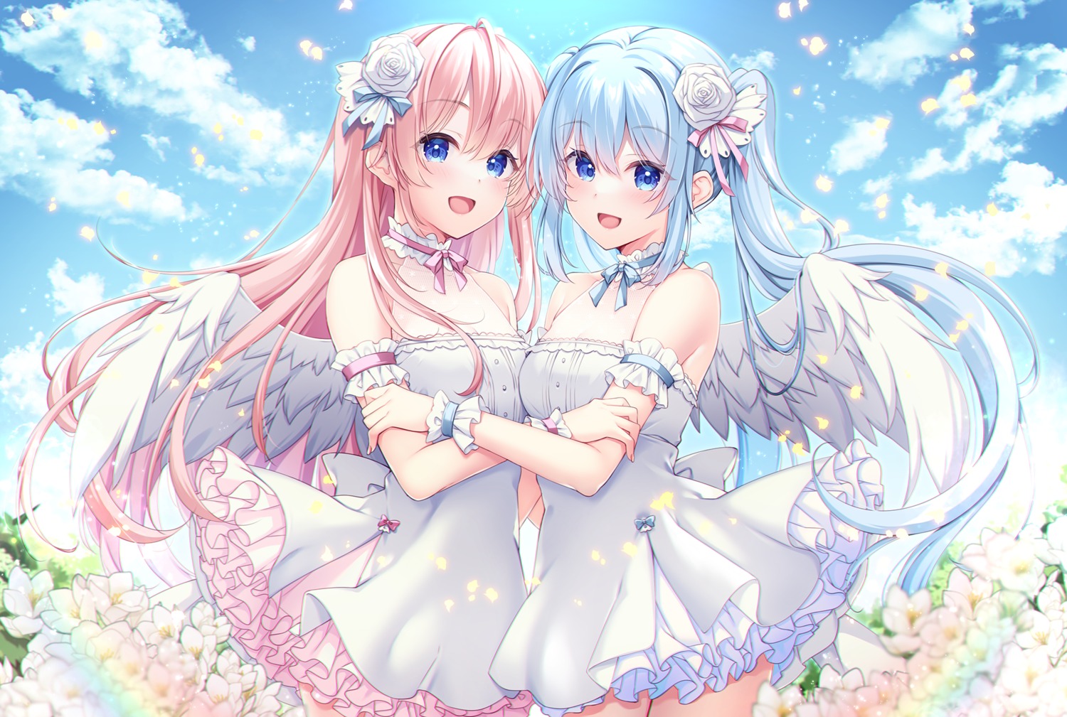 dress mizukoshi_mayu no_bra see_through skirt_lift symmetrical_docking wings yuri