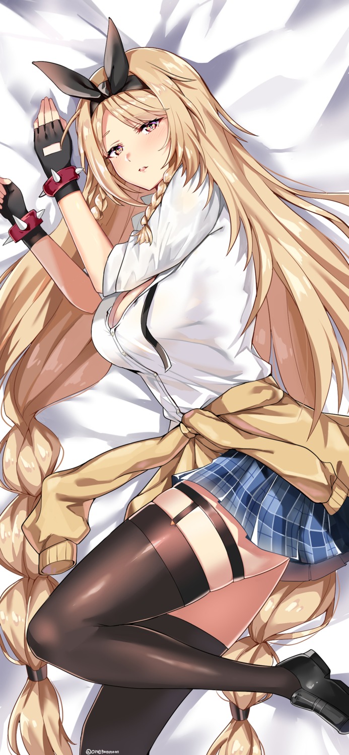 cleavage epic7 garter open_shirt rose_(epic7) seifuku stockings sweater thighhighs twomoon