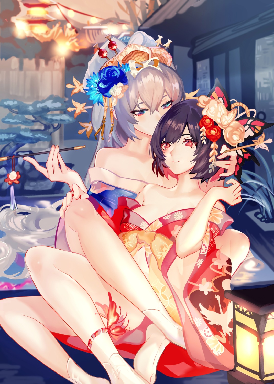 benghuai_xueyuan bronya_zaychik feet honkai_impact kimono mie_xing no_bra open_shirt seele_vollerei yuri