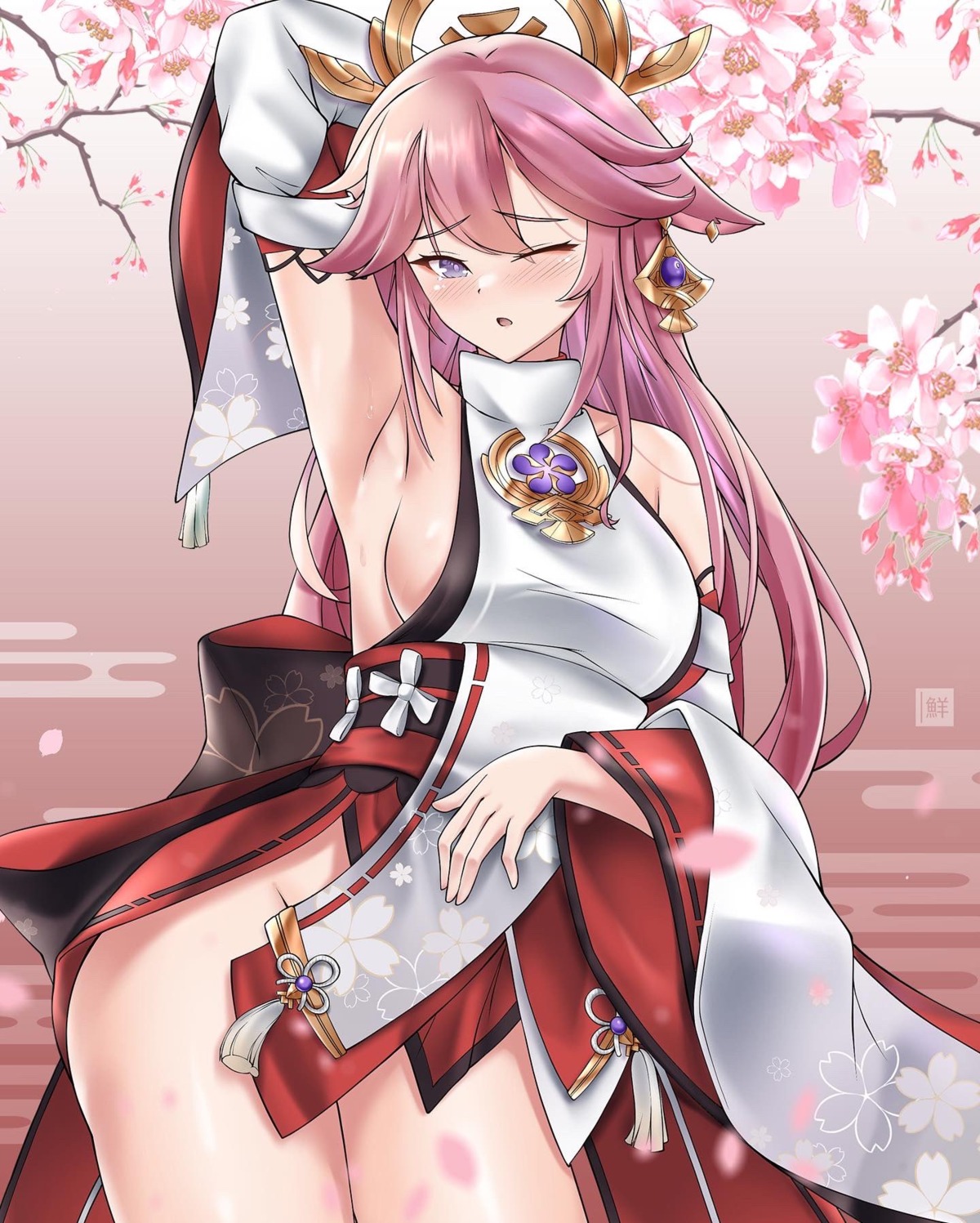 animal_ears freshtango genshin_impact japanese_clothes kitsune no_bra nopan yae_miko