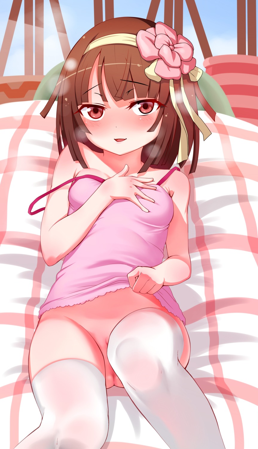 bakemonogatari bottomless breast_hold lingerie monogatari_(series) note2000 pussy sengoku_nadeko shirt_lift thighhighs uncensored