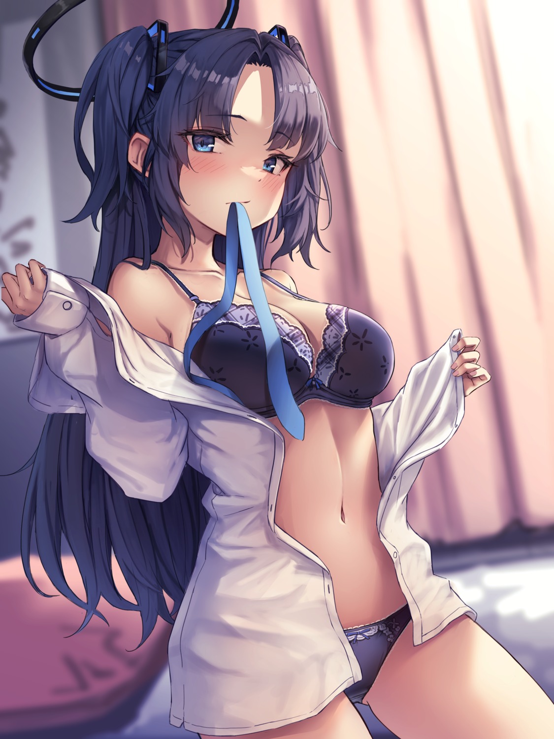 blue_archive bra dress_shirt halo hayase_yuuka open_shirt pantsu ryuinu undressing