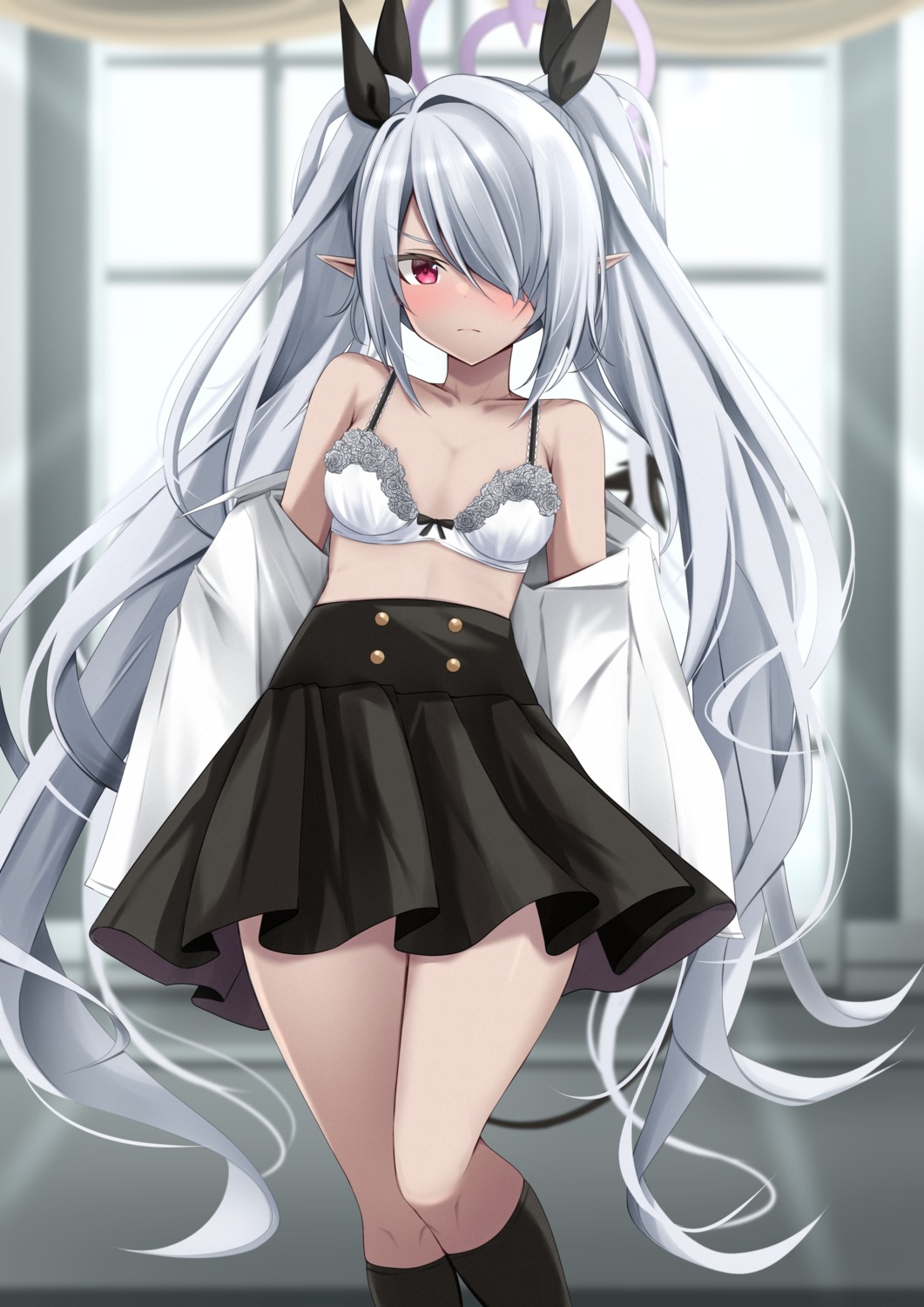 blue_archive bra halo kamesys open_shirt pointy_ears shiromi_iori