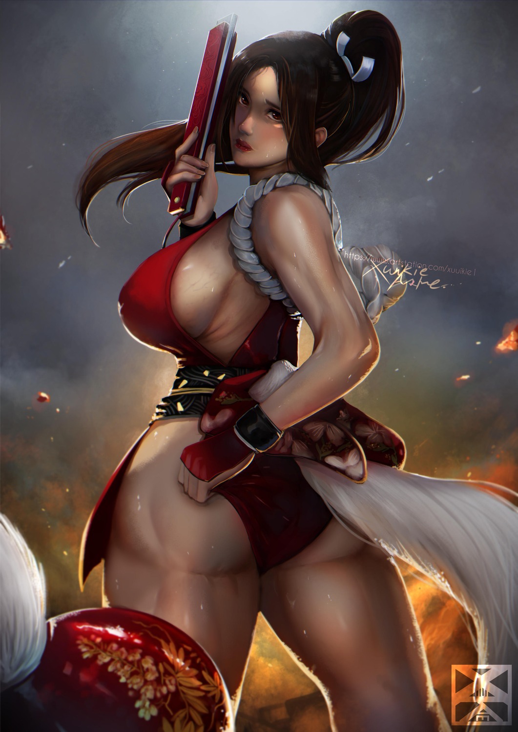 ass cosplay fatal_fury japanese_clothes king_of_fighters no_bra shiranui_mai tail weapon xuuikie_ashe