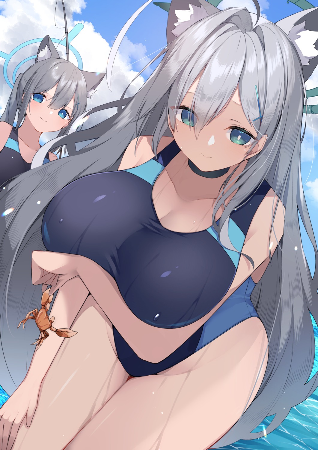 animal_ears blue_archive breast_hold halo jam_(jamjam777) nekomimi shiroko_terror sunaookami_shiroko swimsuits wet