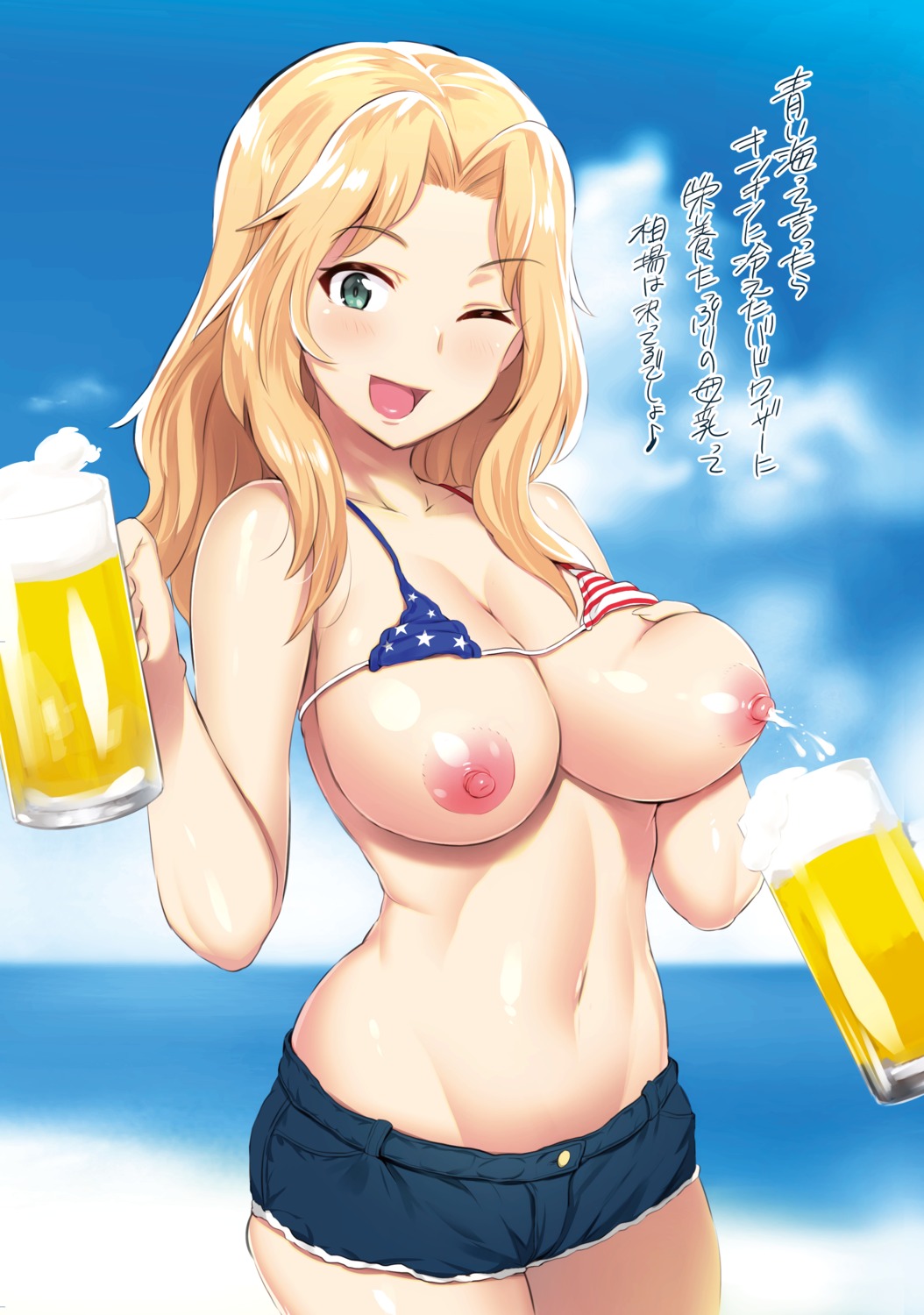 bikini_top breasts girls_und_panzer kay_(girls_und_panzer) lactation nipples noripachi swimsuits