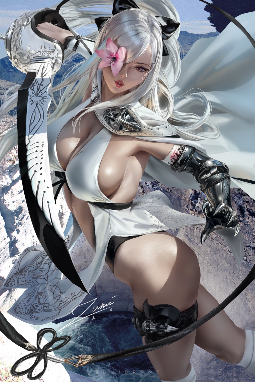 armor drakengard dress garter gun leotard no_bra skirt_lift sword weapon zero_(drakengard) zumi_(zumidraws)