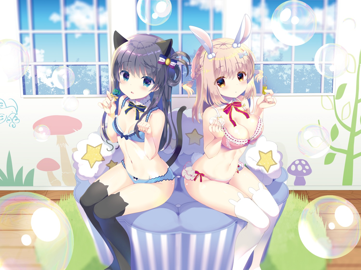 animal_ears bra bunny_ears kasugai_koharu nagatsuki_sayuki nekomimi pantsu string_panties tail takashina_asahi thighhighs