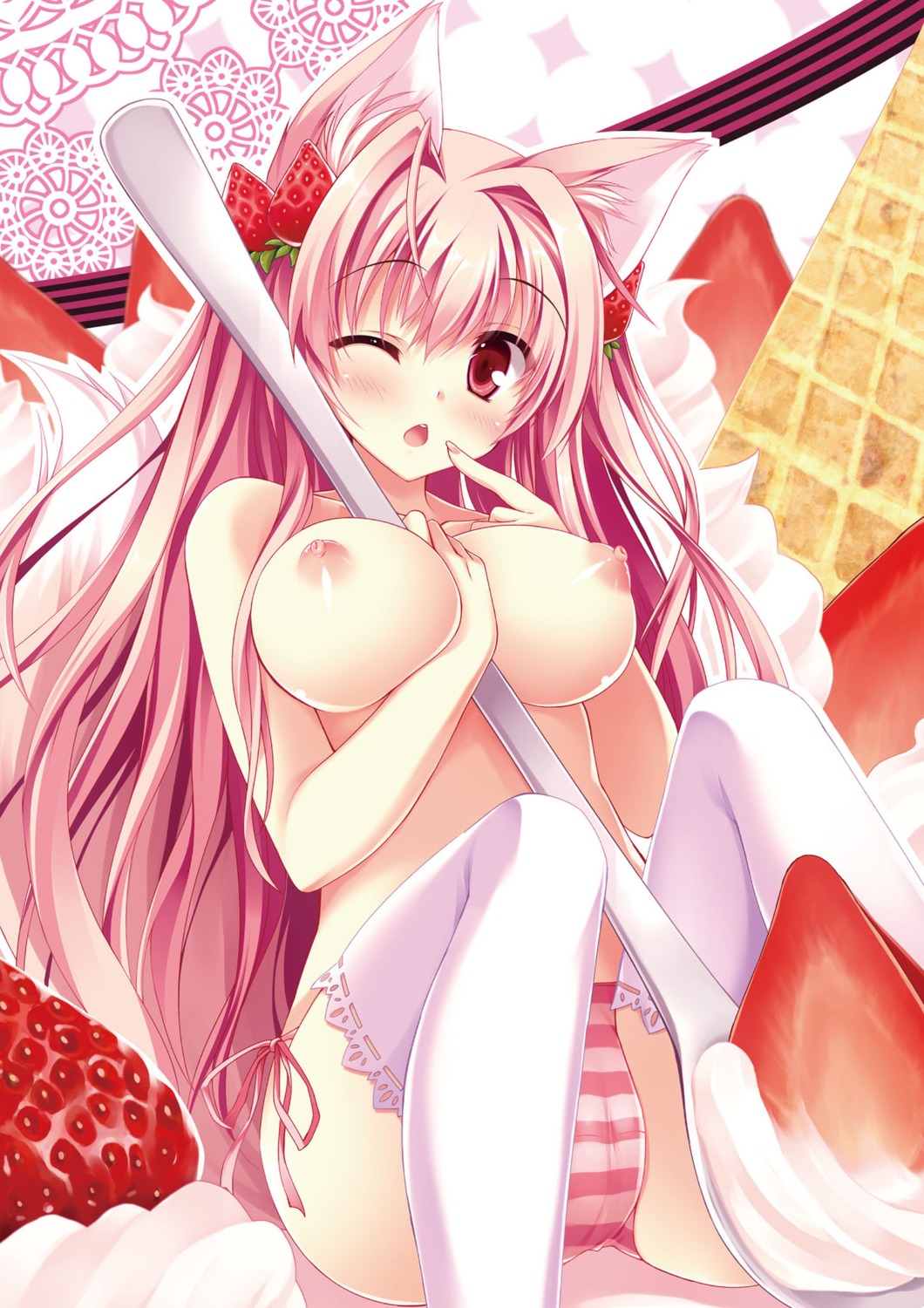 animal_ears breasts cameltoe cream nipples no_bra pantsu possible_duplicate tail tateha thighhighs topless