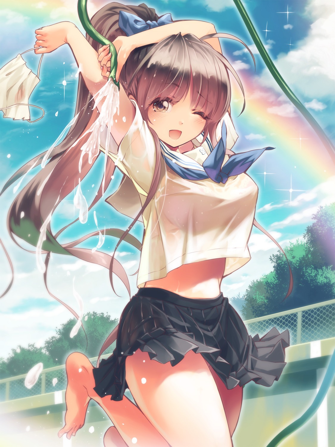 bra kankurou pantsu see_through seifuku shirt_lift skirt_lift wet wet_clothes