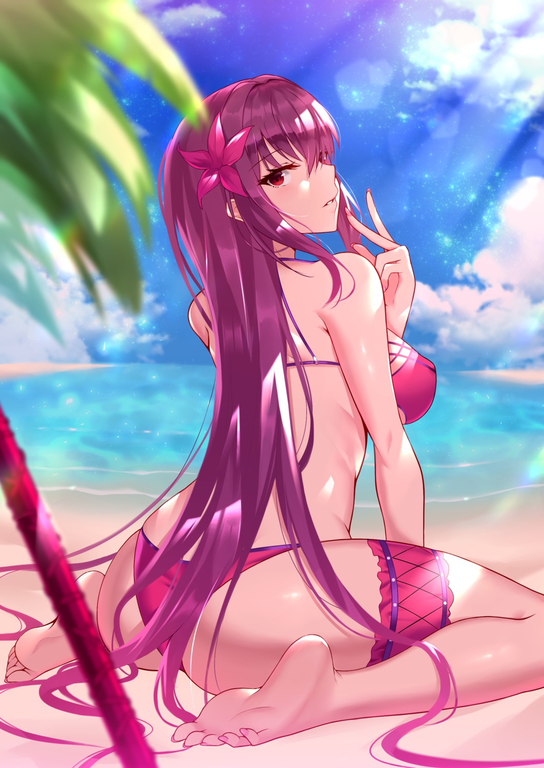 ass bikini black_fire fate/grand_order feet garter scathach_(fate/grand_order) swimsuits weapon