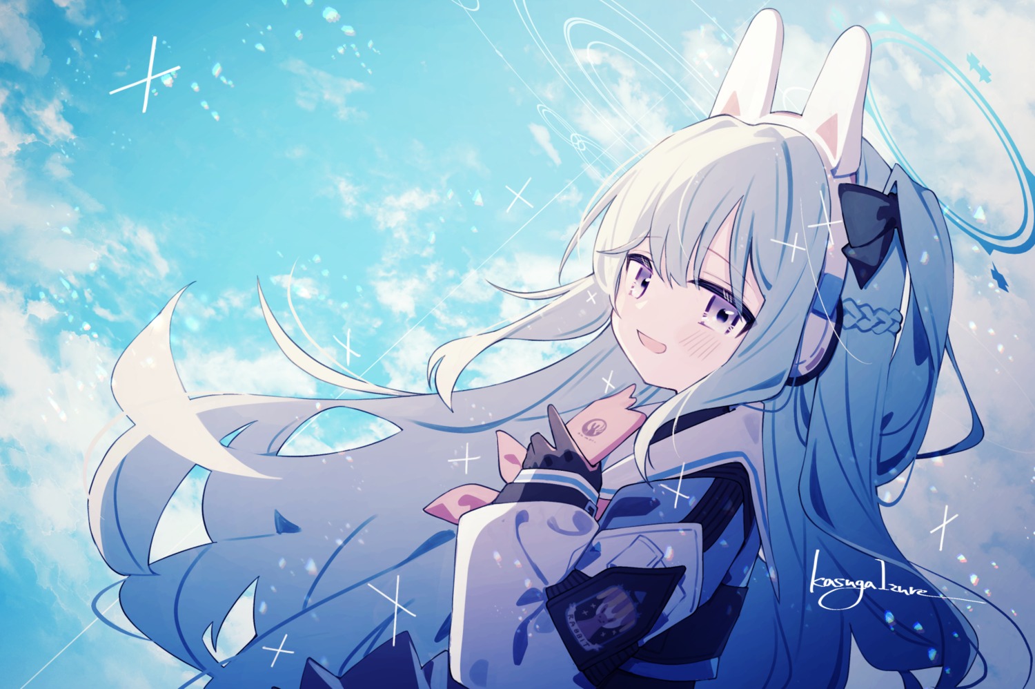 animal_ears blue_archive bunny_ears halo headphones kasuga_izure seifuku tsukiyuki_miyako