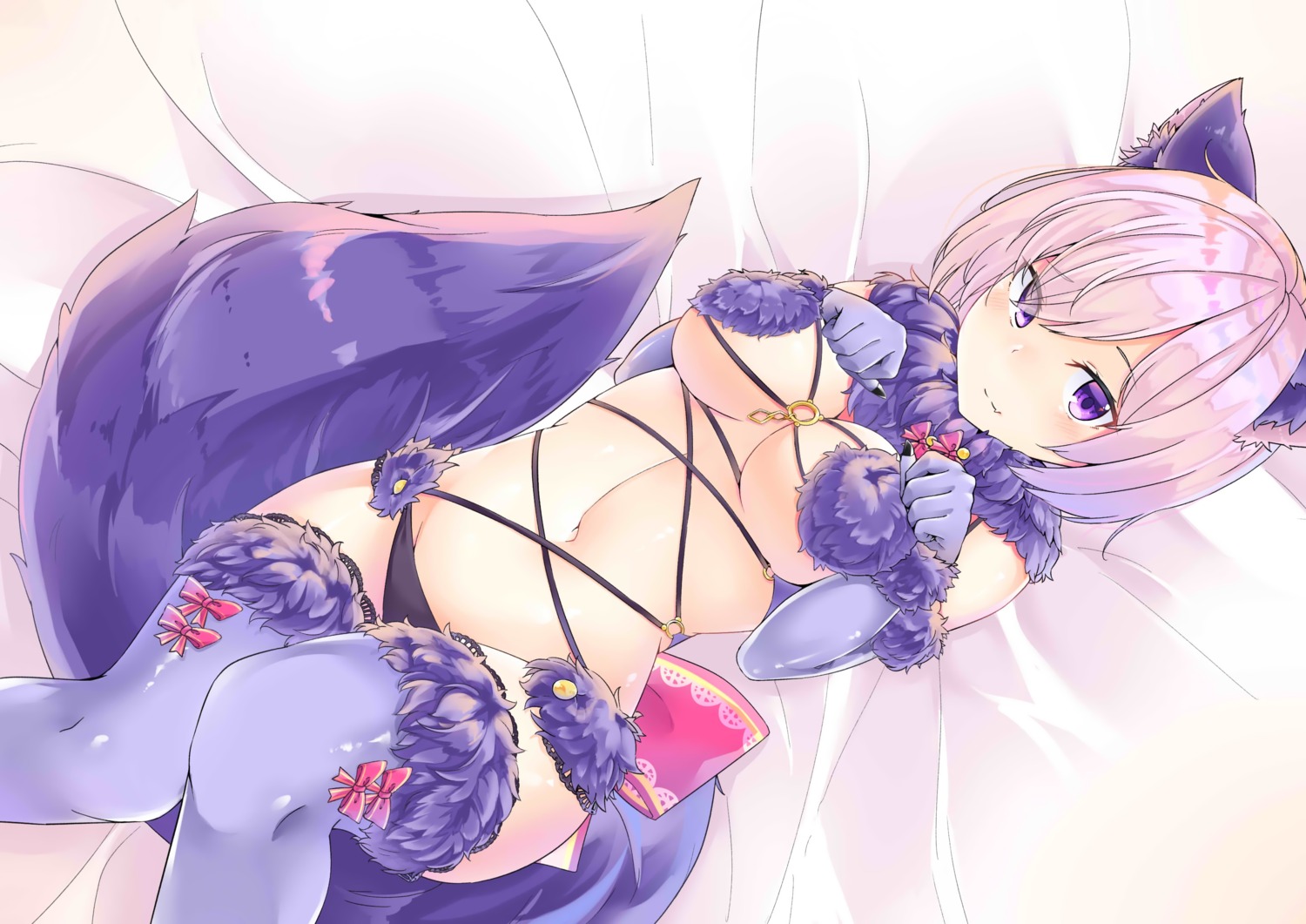 animal_ears breast_hold cleavage fate/grand_order mash_kyrielight pantsu shisuo tail thighhighs underboob