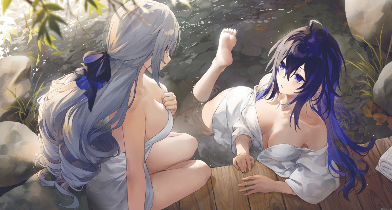 bronya_rand honkai:_star_rail no_bra onsen open_shirt seele_(honkai:_star_rail) swkl:d towel wet