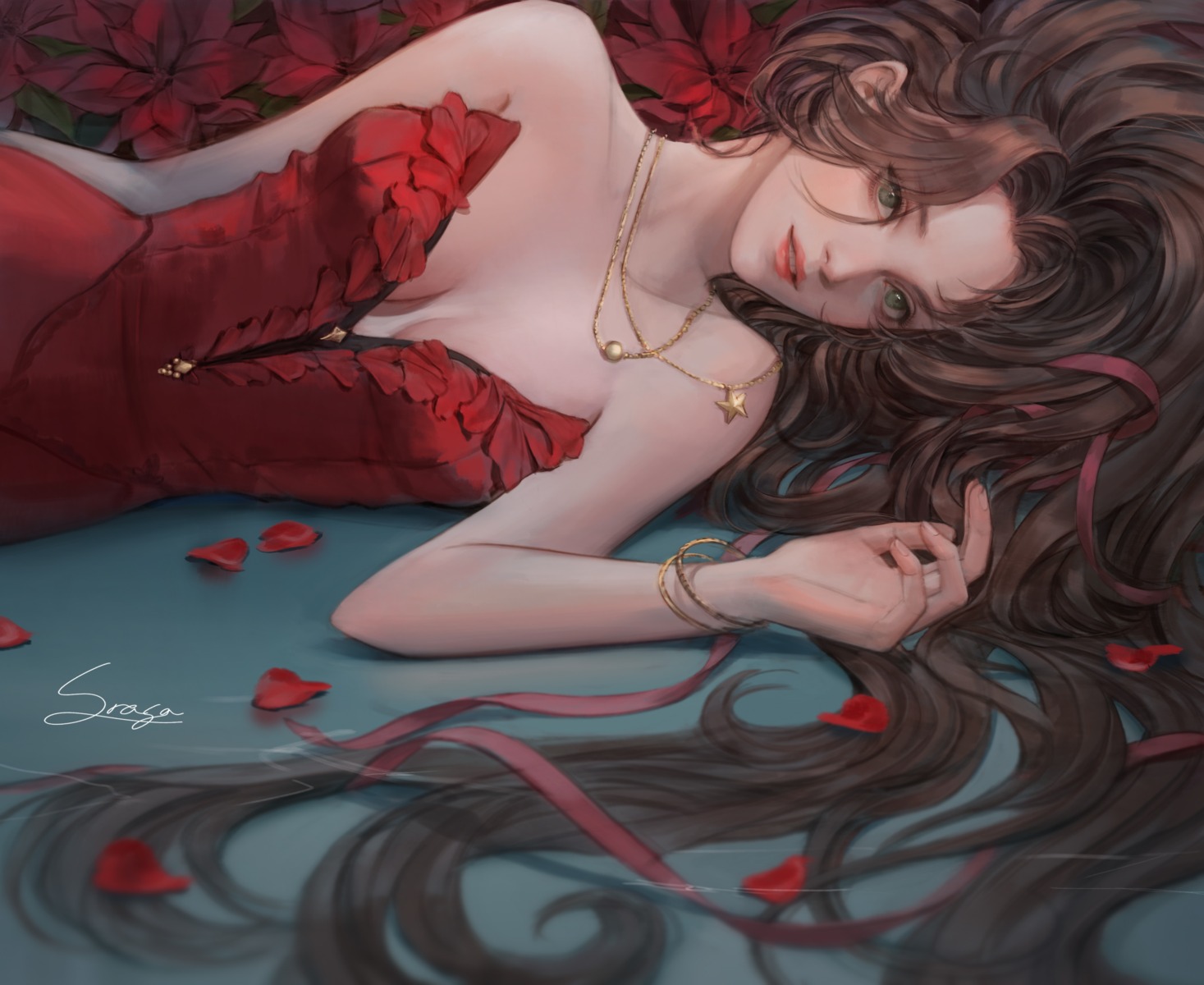 aerith_gainsborough cleavage dress final_fantasy final_fantasy_vii no_bra srasa