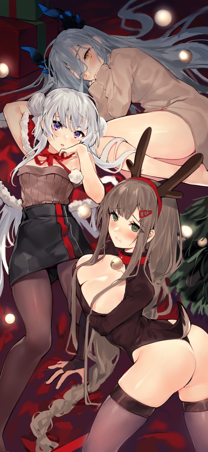 ass breast_hold christmas cleavage iiiroha leotard no_bra pantyhose sweater thighhighs