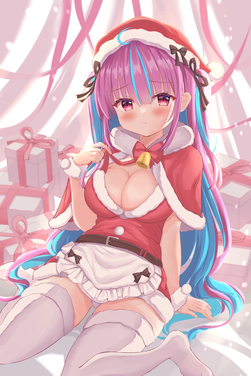 cameltoe christmas dress hololive kanti15 minato_aqua no_bra open_shirt pantsu skirt_lift thighhighs