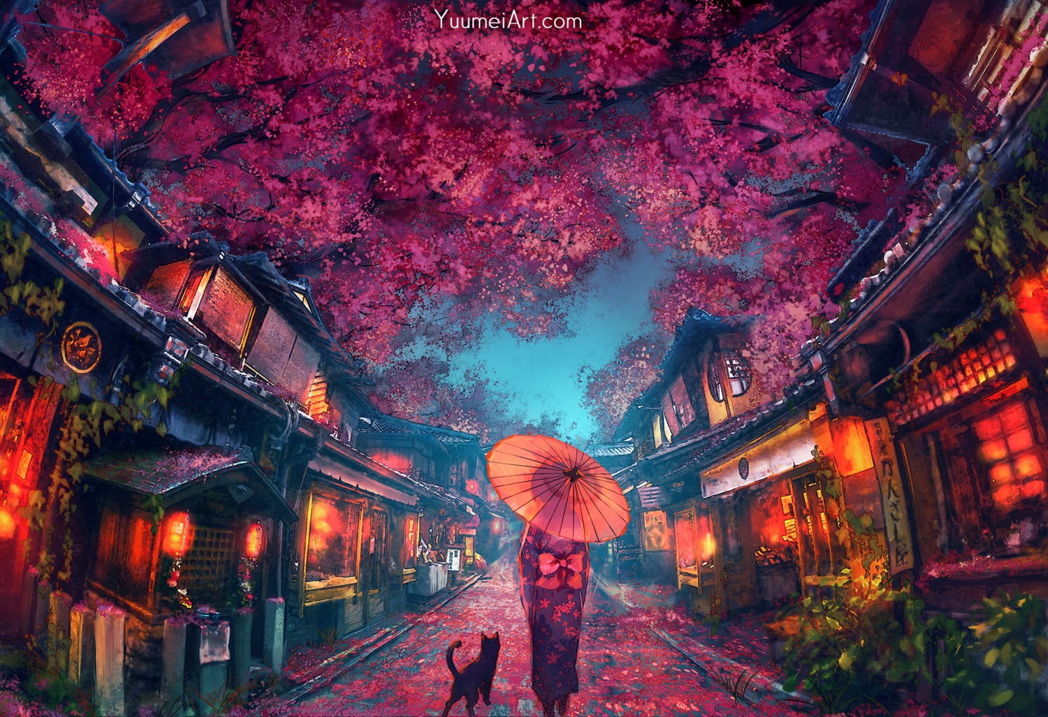 kimono landscape neko umbrella wenqing_yan