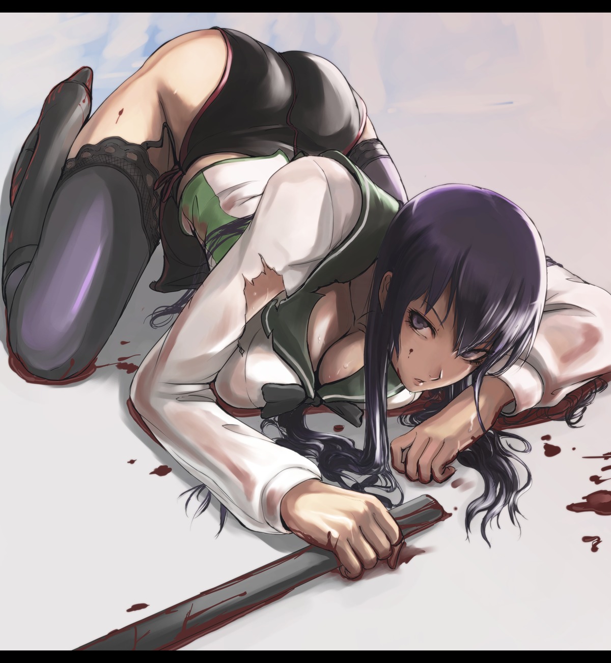 blood busujima_saeko cleavage highschool_of_the_dead seifuku stockings tea_(nakenashi) thighhighs torn_clothes