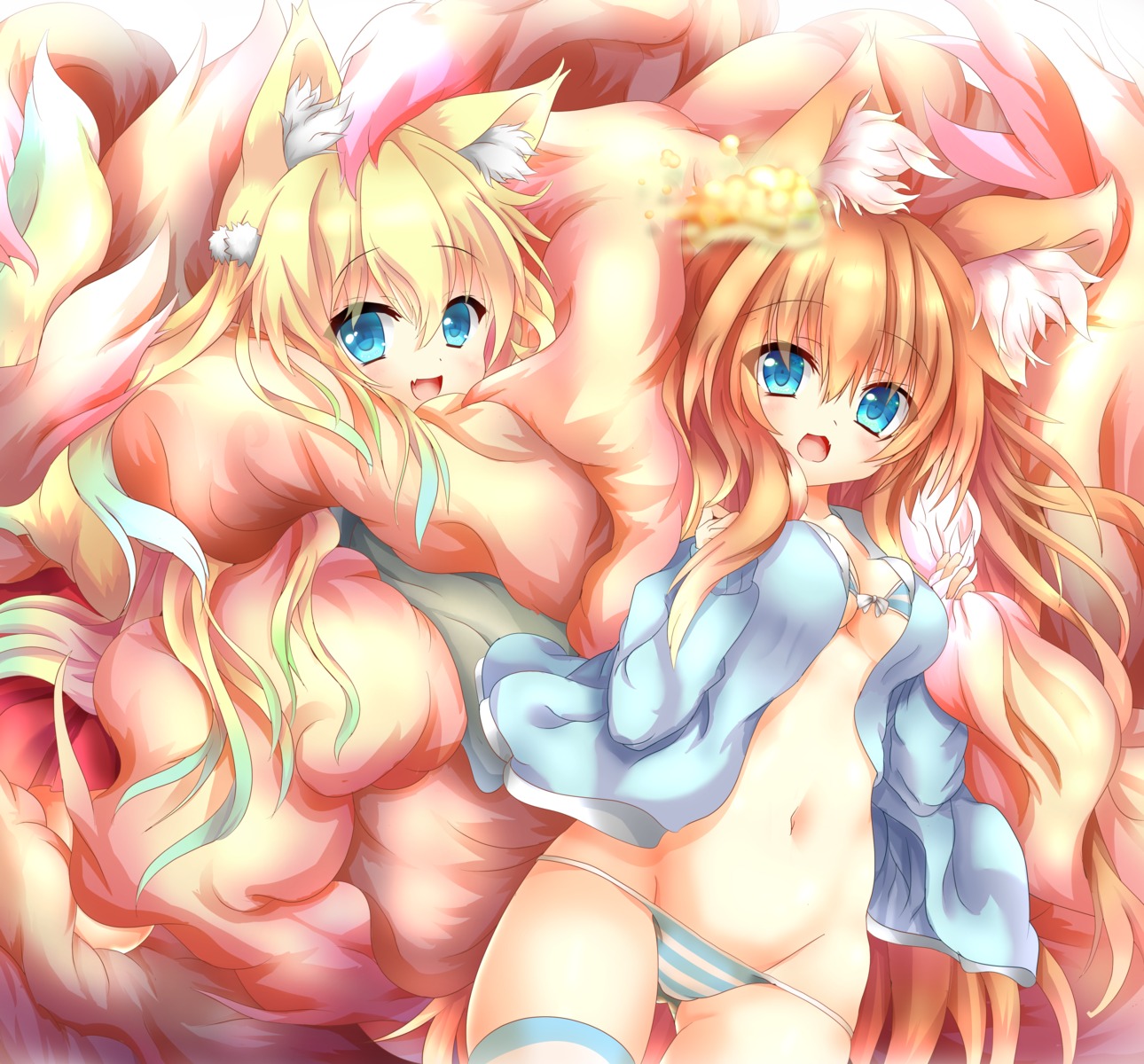 animal_ears bra kitsune kitsune_mugi_nyan open_shirt pantsu shimapan tail thighhighs