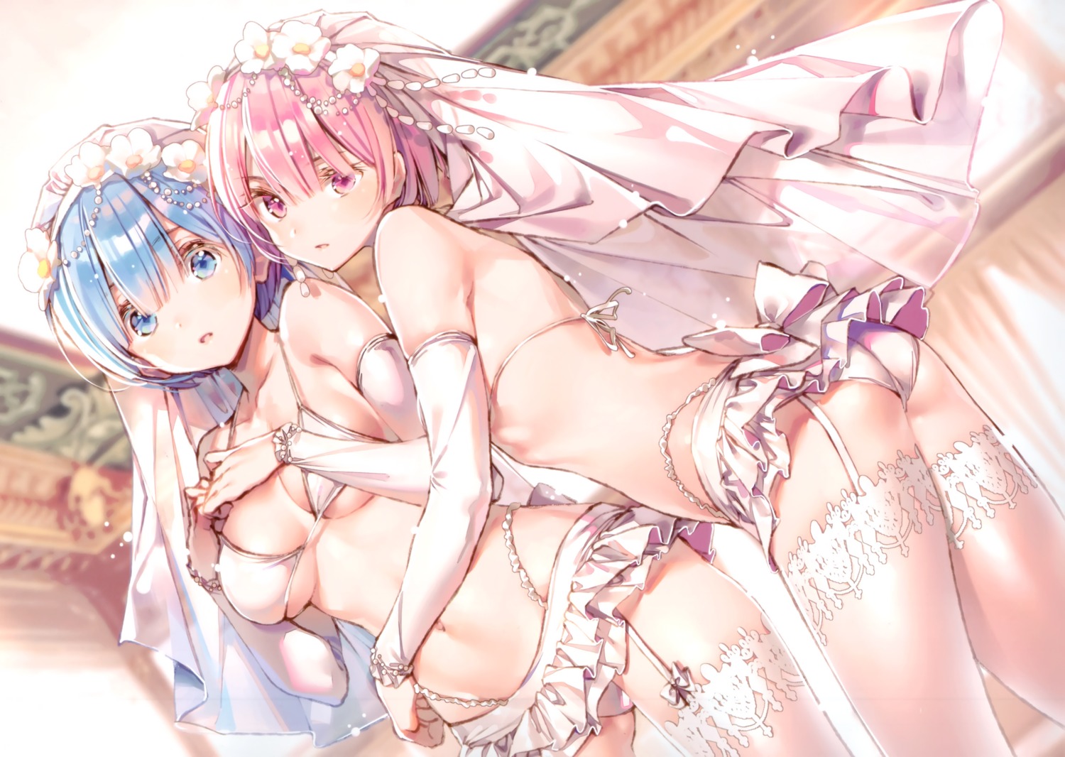 ass bikini breast_hold cleavage dress dsmile lingerie pantsu ram_(re_zero) re_zero_kara_hajimeru_isekai_seikatsu rem_(re_zero) stockings swimsuits thighhighs underboob wedding_dress