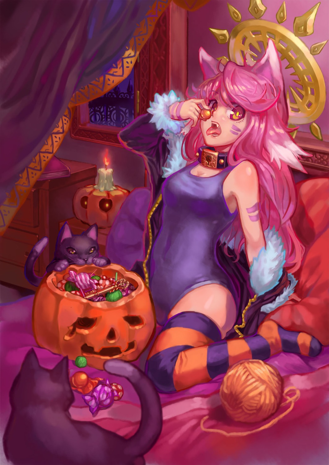 animal_ears cleavage halloween hei_niao neko school_swimsuit swimsuits thighhighs