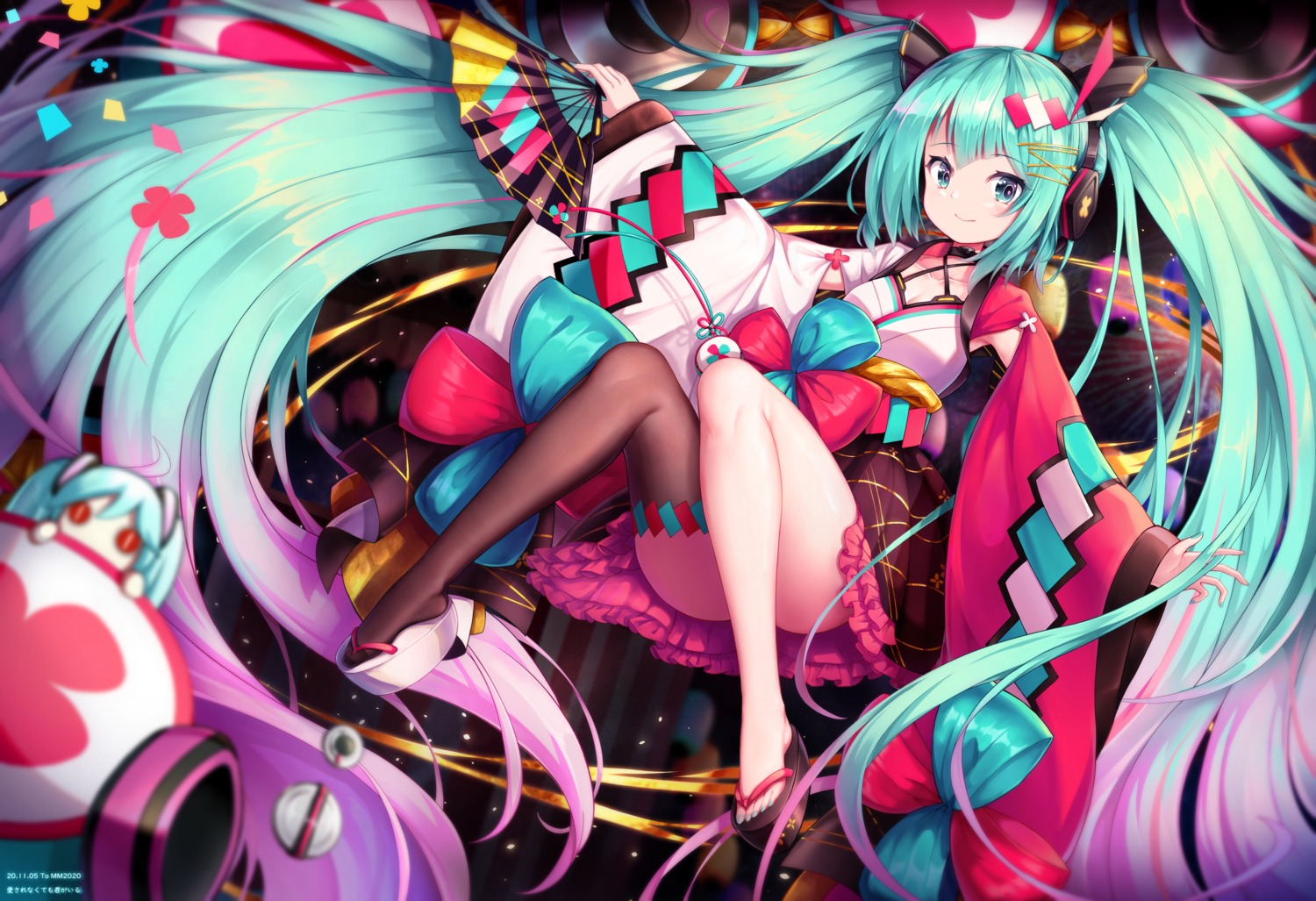 hatsune_miku headphones hehehzb japanese_clothes magical_mirai skirt_lift thighhighs vocaloid