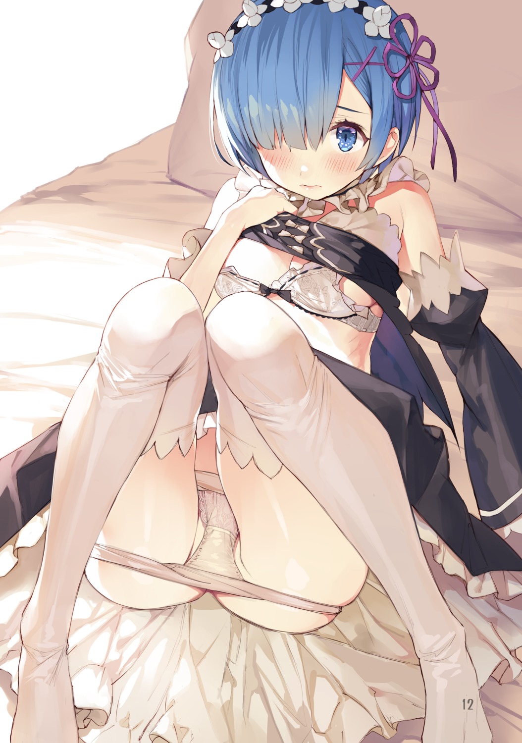 bra gaou_(matsulatte) macaron_taitei maid open_shirt pantsu panty_pull re_zero_kara_hajimeru_isekai_seikatsu rem_(re_zero) thighhighs