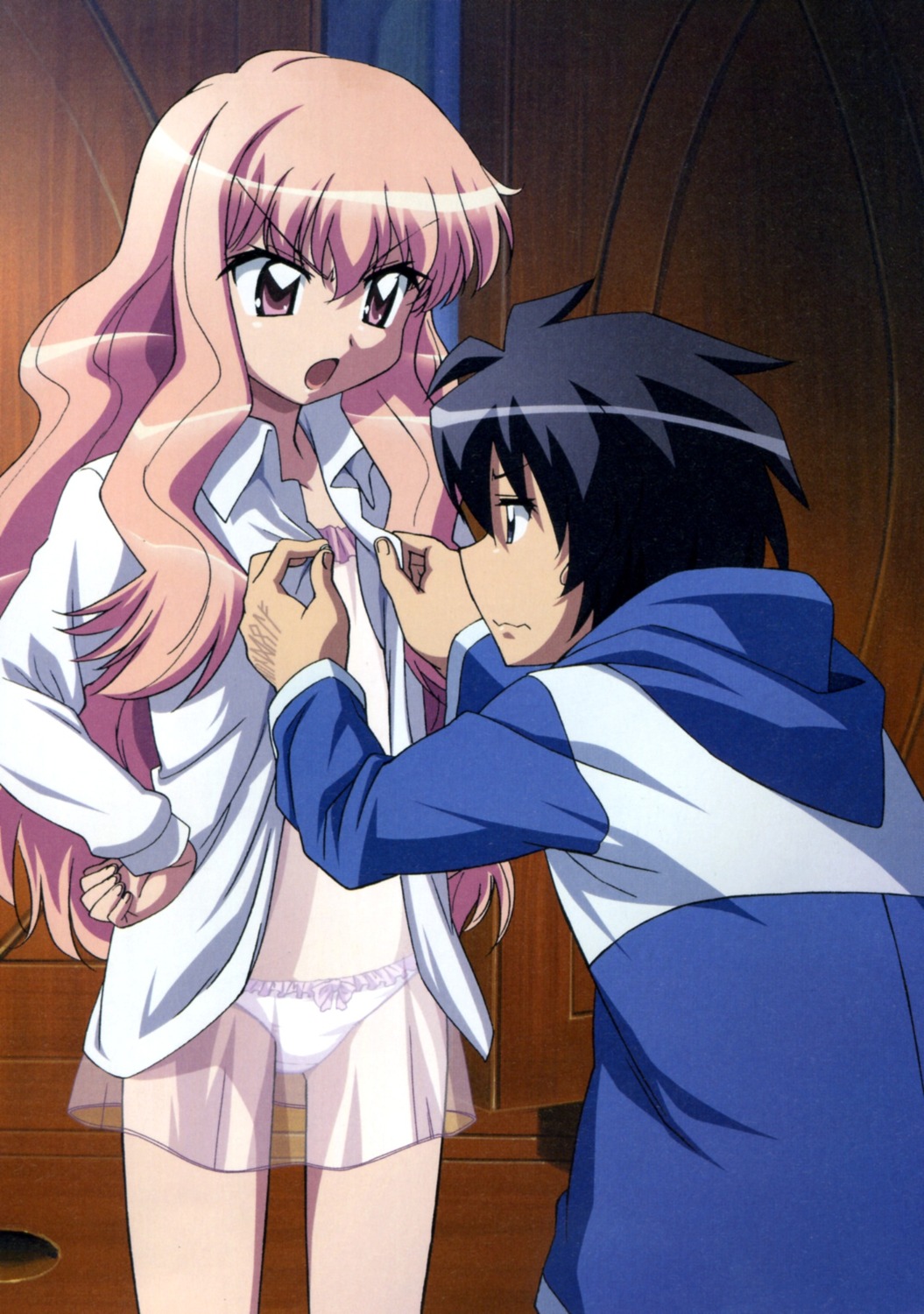 dress_shirt hiiraga_saito lingerie louise_francoise_le_blanc_de_la_valliere open_shirt pantsu see_through undressing zero_no_tsukaima