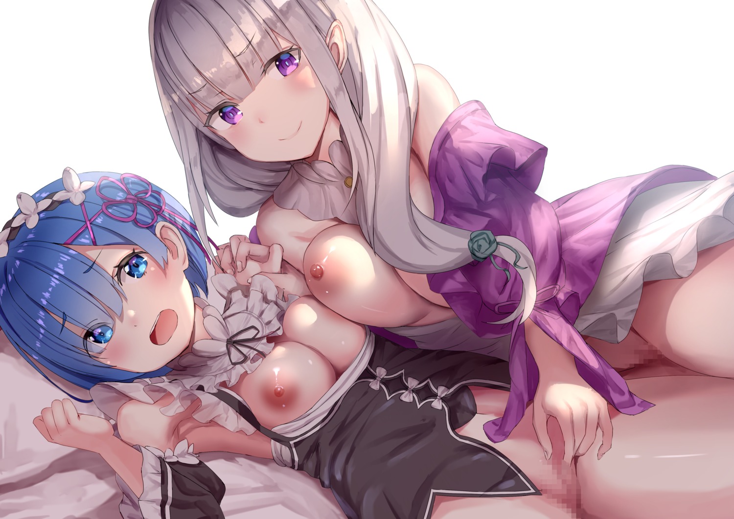 bottomless breasts censored elf emilia_(re_zero) fingering maid nipples no_bra nopan open_shirt pointy_ears pussy re_zero_kara_hajimeru_isekai_seikatsu rem_(re_zero) tomaco yuri