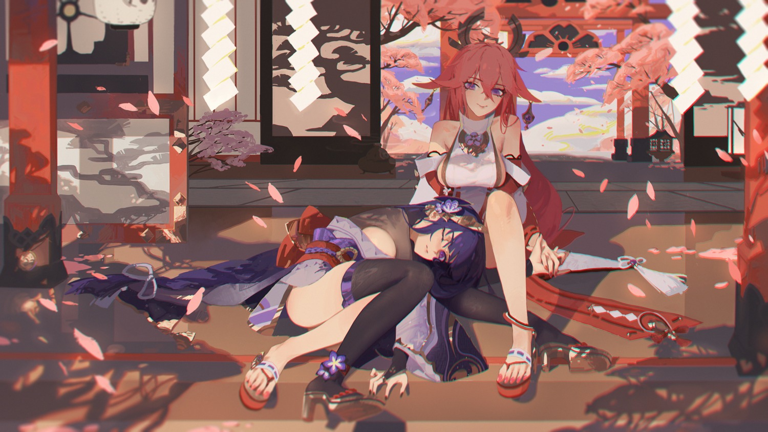 genshin_impact heels japanese_clothes ming_chen no_bra open_shirt raiden_shogun skirt_lift thighhighs wallpaper yae_miko