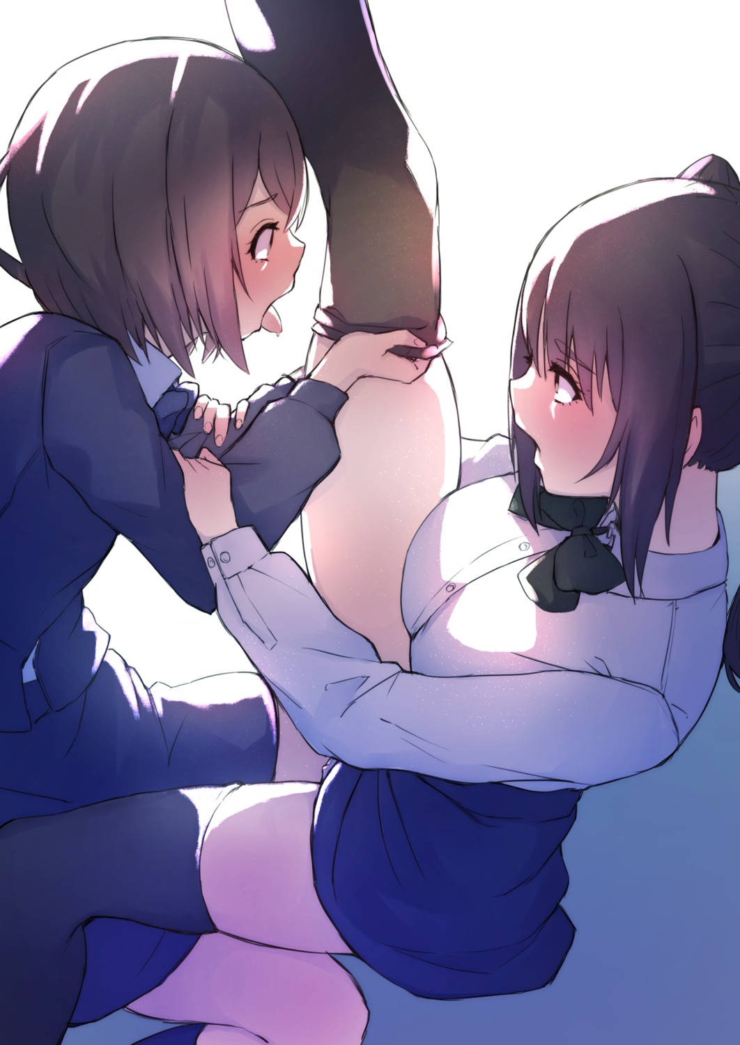 eichan_(eichanidfi) pantsu seifuku skirt_lift sweater thighhighs undressing yuri